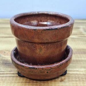 Miniature Art Pottery Planter Glazed Flowerpot‎ Pot W/ Dish 2 1/4" High Marked